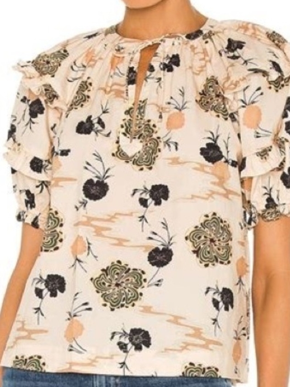 Ulla Johnson Cream Floral Ruffle-Sleeve Blouse